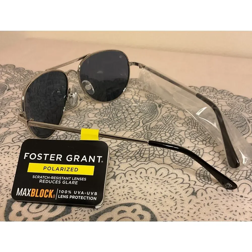 NWT Foster Grant Polarized Maxblock Sunglasses Silver Aviator